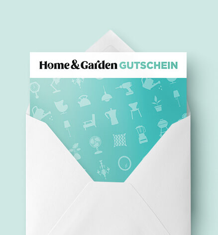 Gutscheingold Home & Garden Produktabbildung mit türkisem Hintergrund.